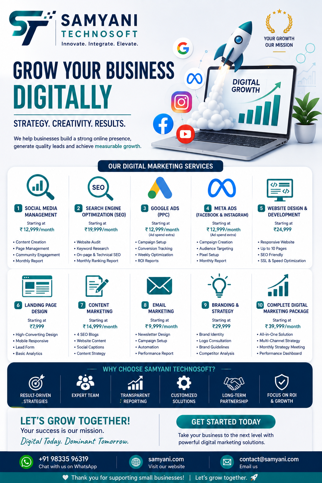 Samyani TechnoSoft digital marketing catalogue — ten services from Social Media Management to the Complete Digital Marketing Package, with monthly pricing